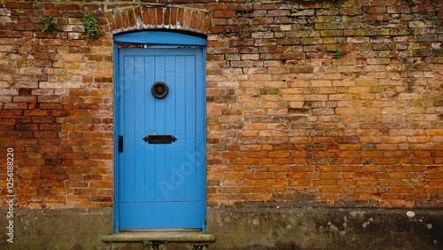 blue door in red brick wall as a background