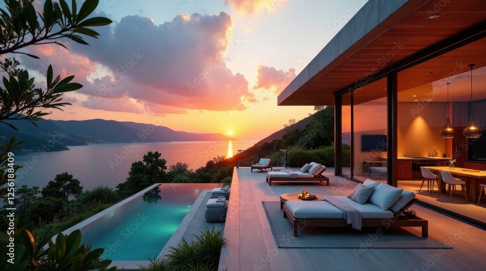 Fototapeta premium Serene Sunset Vista Modern Architectural Design with Infinity Pool and Luxurious Outdoor Lounging Area