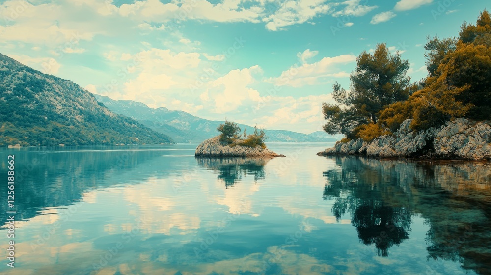 Obraz premium Serene Mountain Lake Reflection with Lush Greenery and Blue Sky