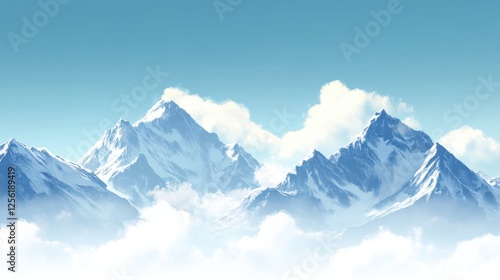 Majestic mountain range under a clear blue sky with soft clouds creating a serene atmosphere for relaxation and reflection. Generative AI photo