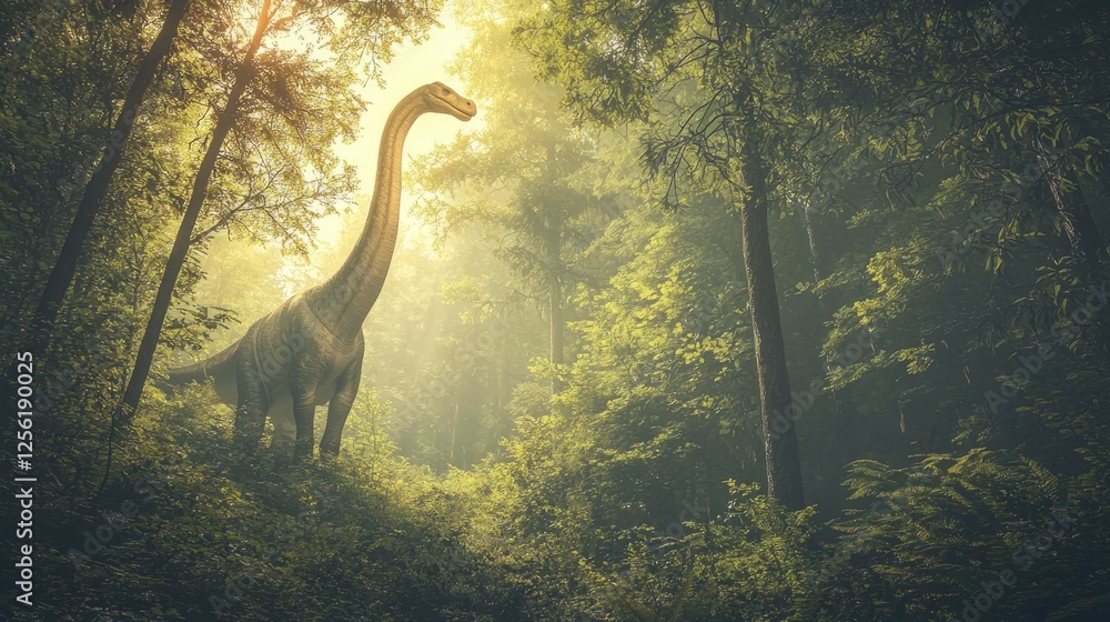 Obraz premium Majestic Dinosaur Standing in Lush Prehistoric Forest Landscape