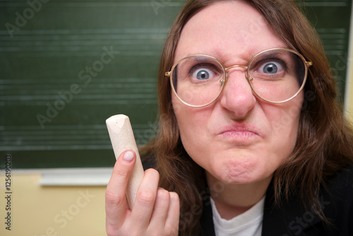 Quadro em tela A cartoonish caricature of an upset professor, wearing glasses and holding a piece of chalk, humorously depicts the absurd stress of teaching, with exaggerated emotions of rage and spite