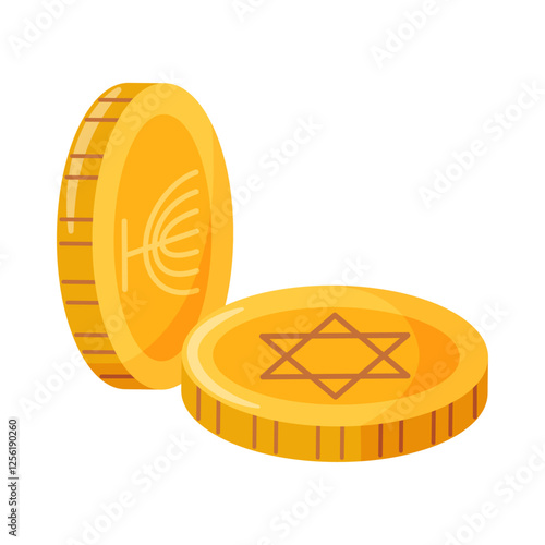 Hanukkah coins with Jewish symbols Magen David and Menorah. Hand drawn trendy flat style isolated Happy Hanukkah icon. Vector elements