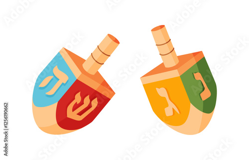 Hanukkah dreidels Hand drawn trendy flat style isolated icon. Traditional Jewish holiday wooden toy with symbolic letters on four sides, spinning game. Vector illustration