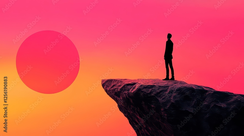 Fototapeta premium Solitary Figure at Sunset Clifftop A Pixel Art Landscape