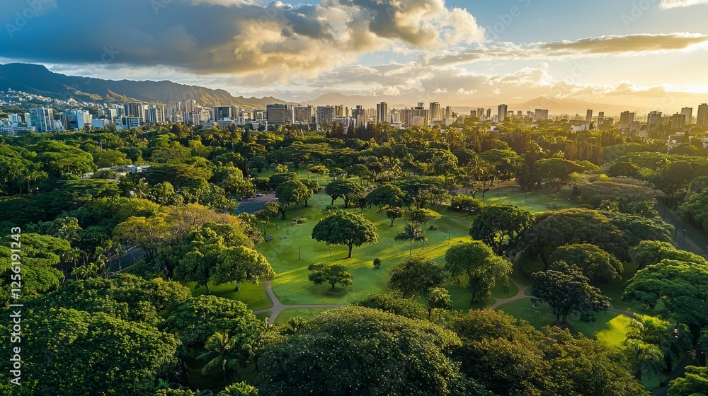 Obraz premium Lush Green Park Landscape with Urban Skyline at Golden Hour