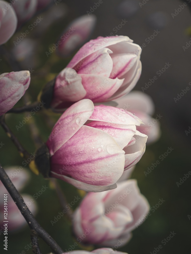 Close-up of vibrant pink magnolia buds and blossoms on bare branches, signaling the arrival of spring. The soft petals contrast beautifully with the natural background. Close-up of vibrant pink magnolia buds and blossoms on bare branches, signaling the arrival of spring. The soft petals contrast beautifully with the natural background.