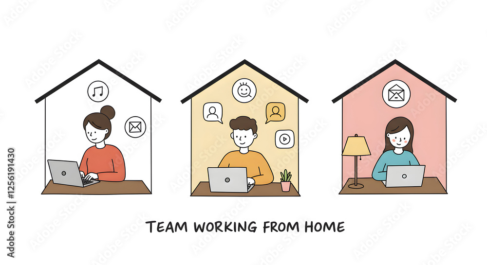 Remote Work Illustration Team Collaboration on Laptops From Home. Generative AI Remote Work Illustration Team Collaboration on Laptops From Home. Generative AI