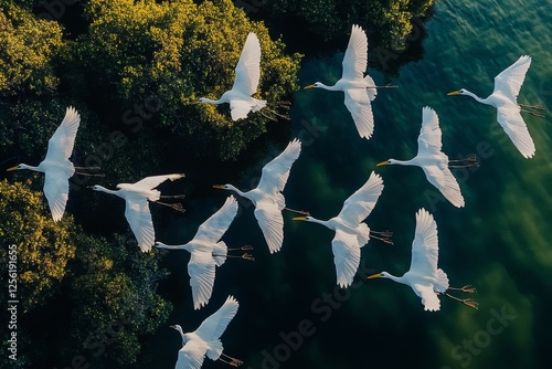 Flock of migratory birds flying over green water and mangrove forest