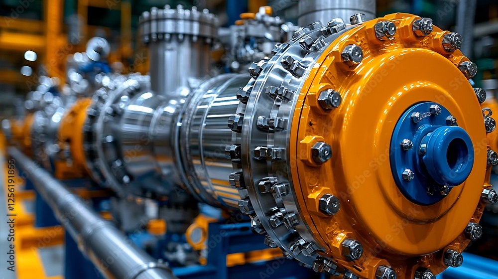Industrial machinery with vibrant orange and silver components in a factory setting Industrial machinery with vibrant orange and silver components in a factory setting