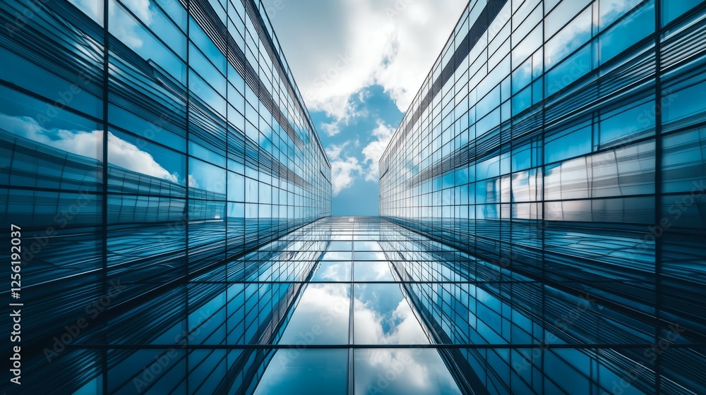 Modern Glass Architecture with Reflection and Sky Perspective Modern Glass Architecture with Reflection and Sky Perspective