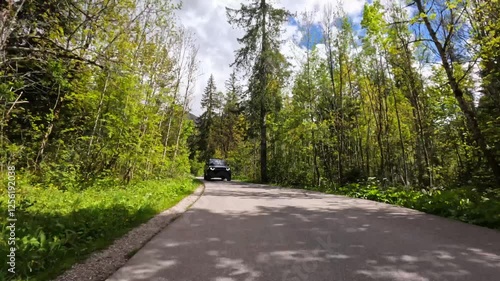 Wallpaper Mural Rolling shot of a car driving on a mountain road. Car driving fast on the road in Swiss Alps  Torontodigital.ca