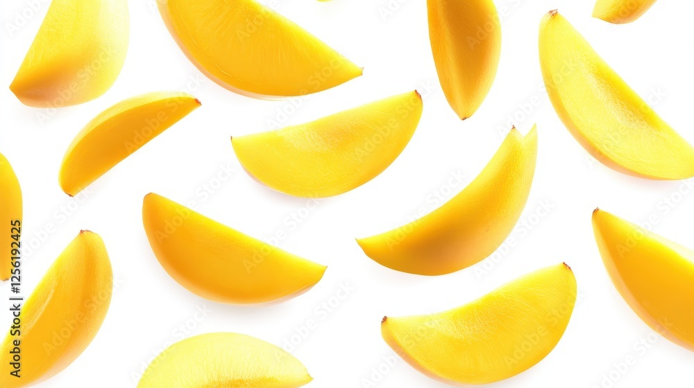 flying mango slices with leaves on white background flying mango slices with leaves on white background