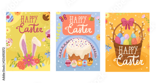 Set of three holiday cards, posters templates for Easter holiday. Bright cartoon cards with lettering. Basket with eggs, festive Easter cake and bunny ears with flowers, vector illustration