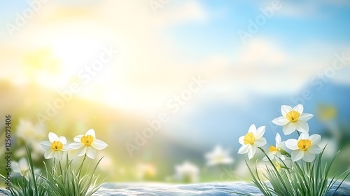 Vibrant spring flowers blooming in green grass under bright sunlight during a sunny day in nature