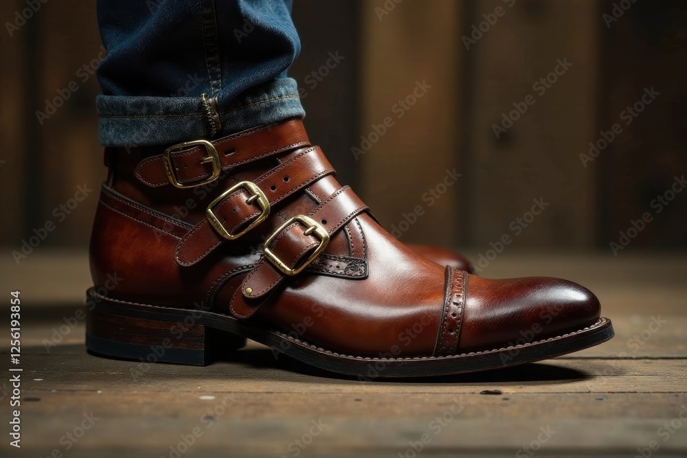 Close-up view of a stylish, handcrafted leather ankle boot with triple buckle straps, showcasing its intricate detailing and rich brown hue against a rustic wooden backdrop. Close-up view of a stylish, handcrafted leather ankle boot with triple buckle straps, showcasing its intricate detailing and rich brown hue against a rustic wooden backdrop.