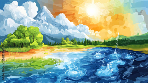 A modern digital illustration of the global water cycle with vibrant colors