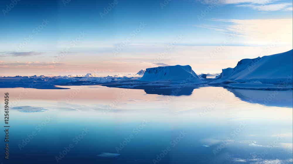 Fototapeta premium Minimalistic frozen snowy landscape at the North or South Pole.