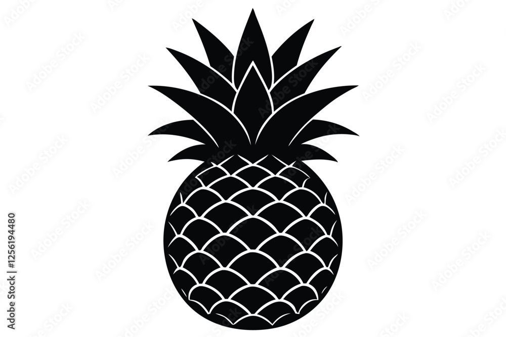 Silhouette vector illustration of a whole pineapple with detailed leaves icon on a black and white background Silhouette vector illustration of a whole pineapple with detailed leaves icon on a black and white background