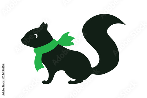 Silhouette vector illustration of a tiny squirrel wearing a green scarf on a white background.