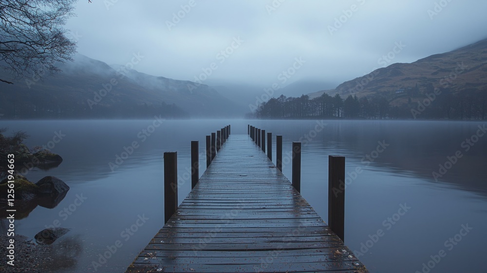 Fototapeta premium Serene wooden pier extending into misty lake under cloudy sky