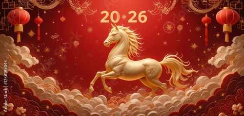 A stunning Chinese New Year 2026 background celebrating the Year of the Horse. A majestic, golden horse is depicted in motion, symbolizing strength and prosperity.
