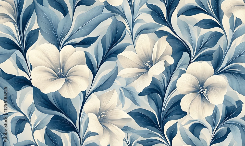 Elegant seamless pattern featuring creamy white flowers and detailed blue-green leaves on a light beige background. Elegant seamless pattern featuring creamy white flowers and detailed blue-green leaves on a light beige background.