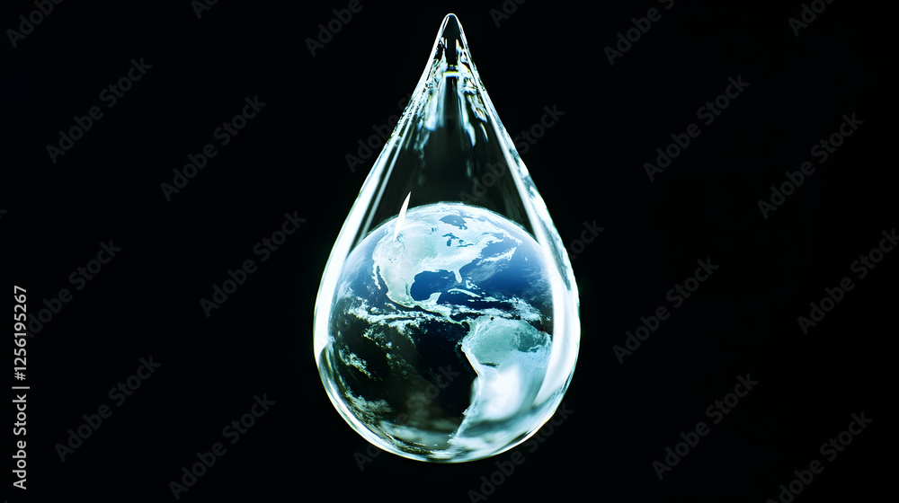 A single transparent water drop suspended in midair, reflecting the Earth inside A single transparent water drop suspended in midair, reflecting the Earth inside