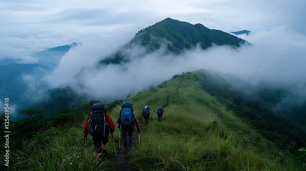 Obraz premium Hikers ascend a mountain ridge shrouded in mist, navigating a grassy trail.
