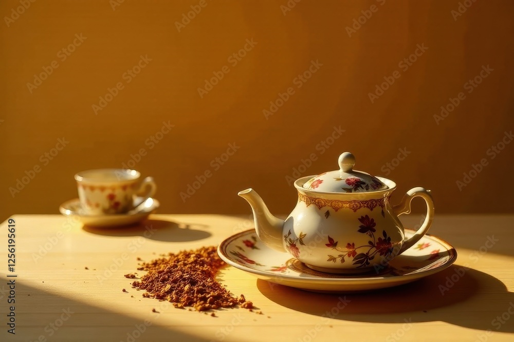 A delicate porcelain teapot and cup set, adorned with floral patterns, rest on a light wood surface bathed in warm sunlight, accompanied by a scattering of loose-leaf tea. A delicate porcelain teapot and cup set, adorned with floral patterns, rest on a light wood surface bathed in warm sunlight, accompanied by a scattering of loose-leaf tea.