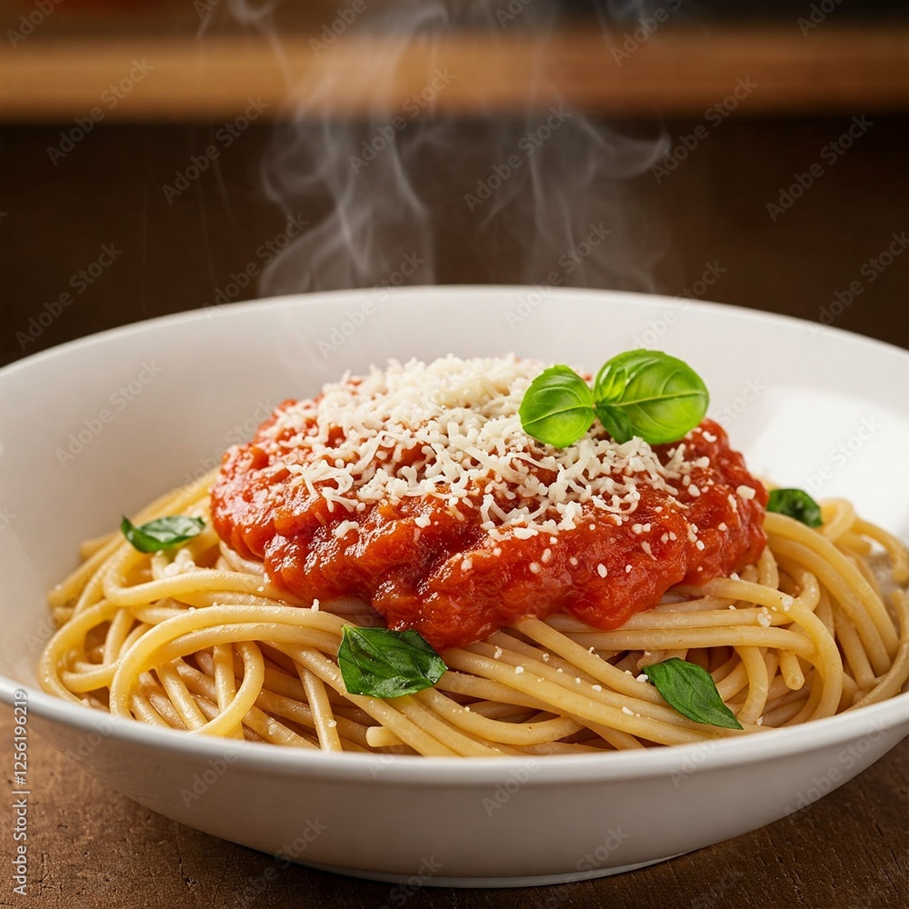 delicious steaming pasta with red sauce and parmesan cheese in white bowl delicious steaming pasta with red sauce and parmesan cheese in white bowl