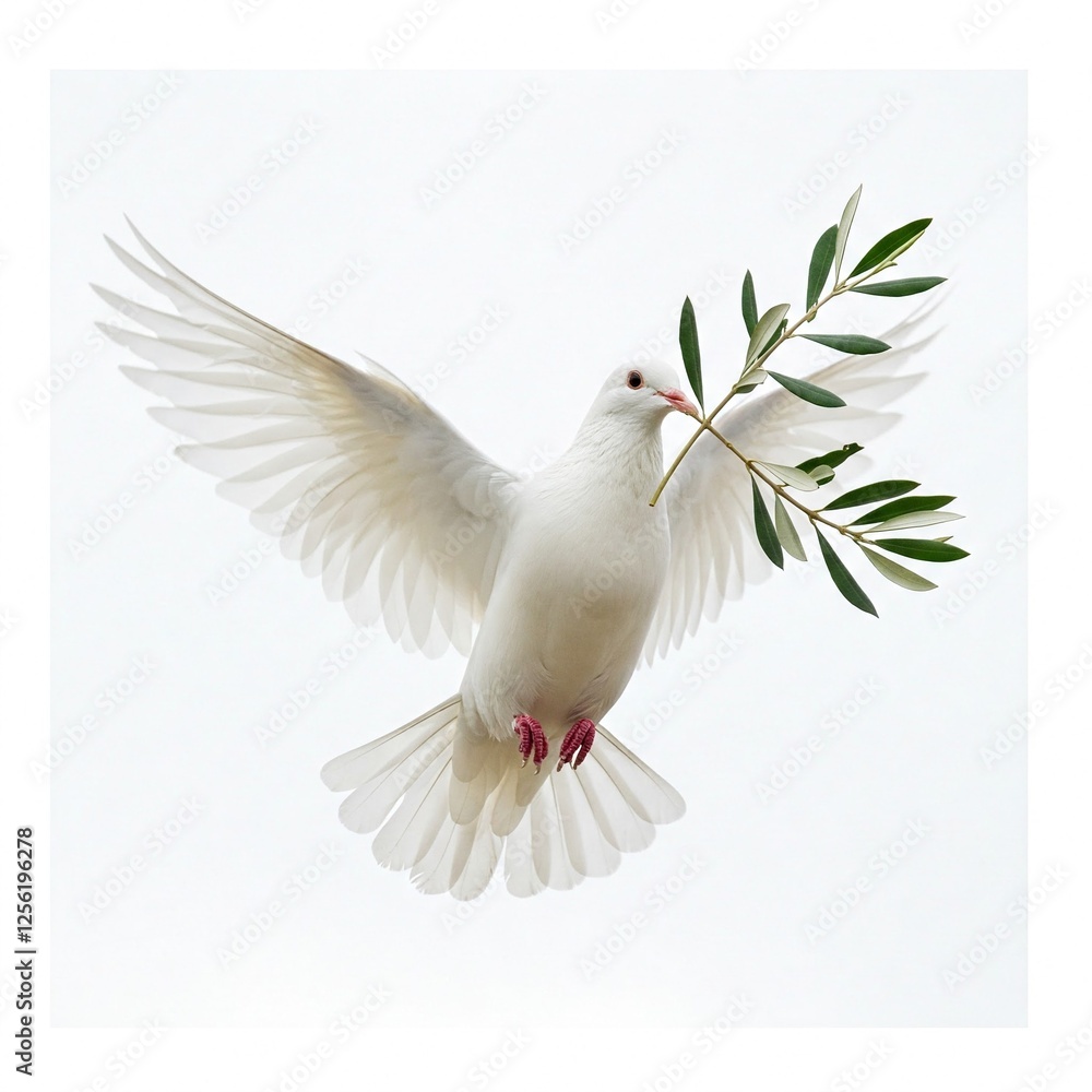 Fototapeta premium white dove carrying olive branch symbol of peace against a white background