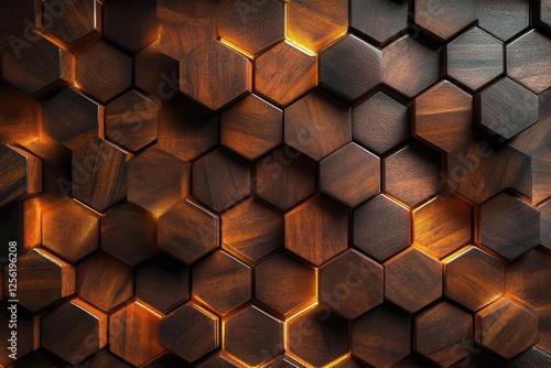 intricate wooden wall panel with hexagonal tessellation pattern, rich mahogany texture, warm ambient lighting, photorealistic 3d rendering
