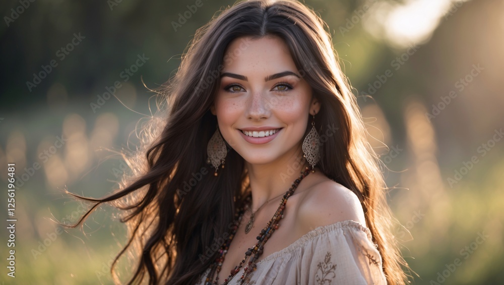 Naklejka premium Captivating portrait of a young woman in a sunlit meadow, radiating warmth and joy while adorned with elegant accessories during a serene evening moment