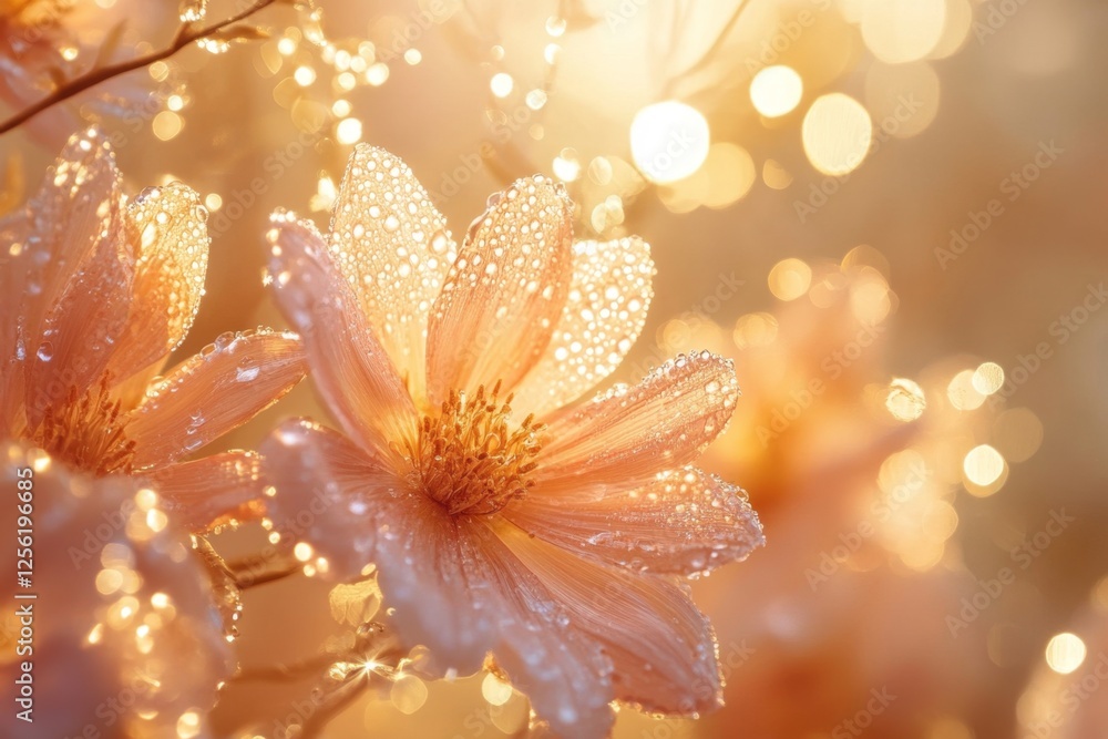 Golden Hour Dewdrops Peach Blossom Radiance, Soft Focus Floral Beauty Golden Hour Dewdrops Peach Blossom Radiance, Soft Focus Floral Beauty