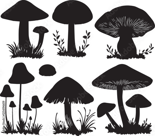 Mushroom black silhouette set on white background