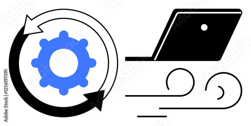 Blue gear inside a circular motion with arrows, and laptop with dynamic lines. Ideal for technology, software development, agile processes, speedy internet, productivity, innovation, efficiency