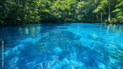 A vibrant blue lake with crystal-clear water, surrounded by dense forest