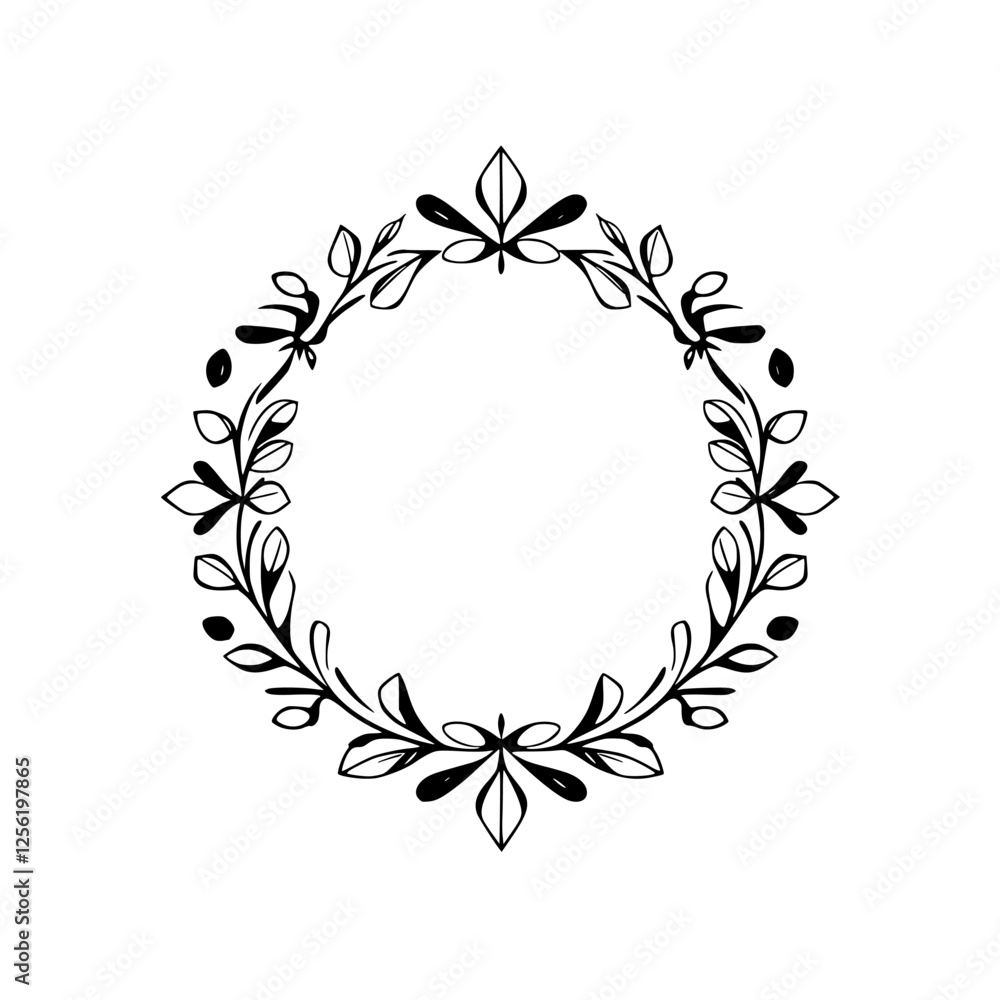 Stylized illustration of a leafy wreath, minimalist and monochrome, for design. Stylized illustration of a leafy wreath, minimalist and monochrome, for design.