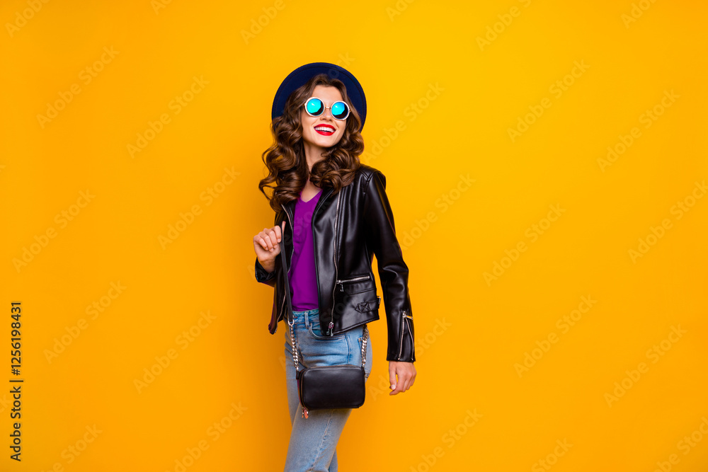 Obraz premium Photo of attractive lady walking down paris streets ready for shopping time wear stylish outfit with shoulder clutch isolated yellow background