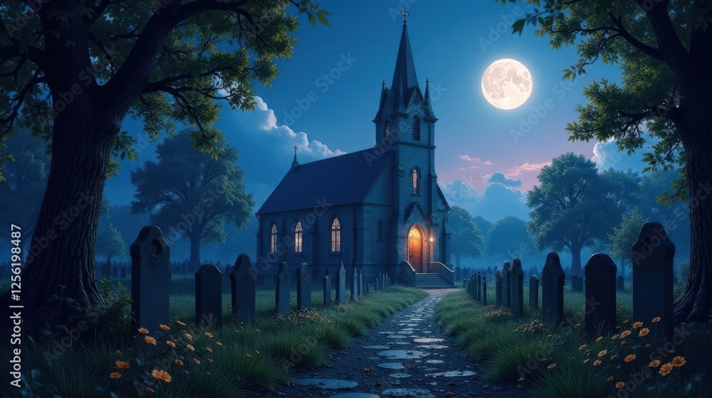 Serene Night Scene of a Stone Church in a Tranquil Graveyard Under a Full Moon's Gentle Glow Serene Night Scene of a Stone Church in a Tranquil Graveyard Under a Full Moon's Gentle Glow