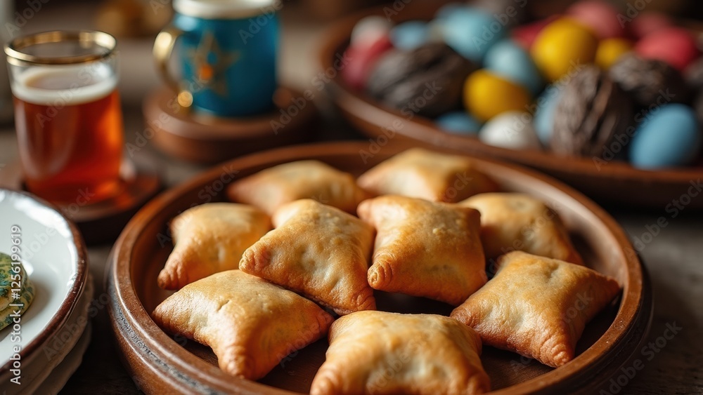 Purim Celebration Featuring Traditional Hamantaschen Cookies and Colorful Candies on a Table
