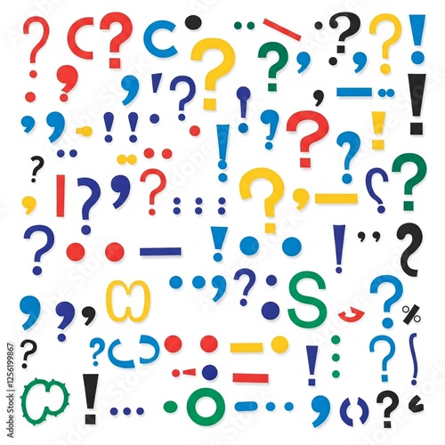 colorful question mark and punctuation marks on white background
