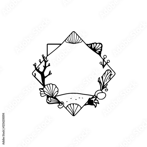 A diamond-shaped frame composed of shells and botanical elements on a plain white background, black ink.