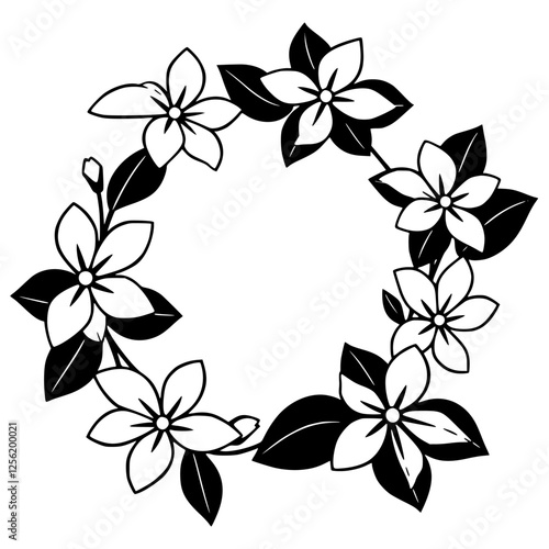 Black and white wreath of flowers in a circle, with the subject matter in a minimalistic style.