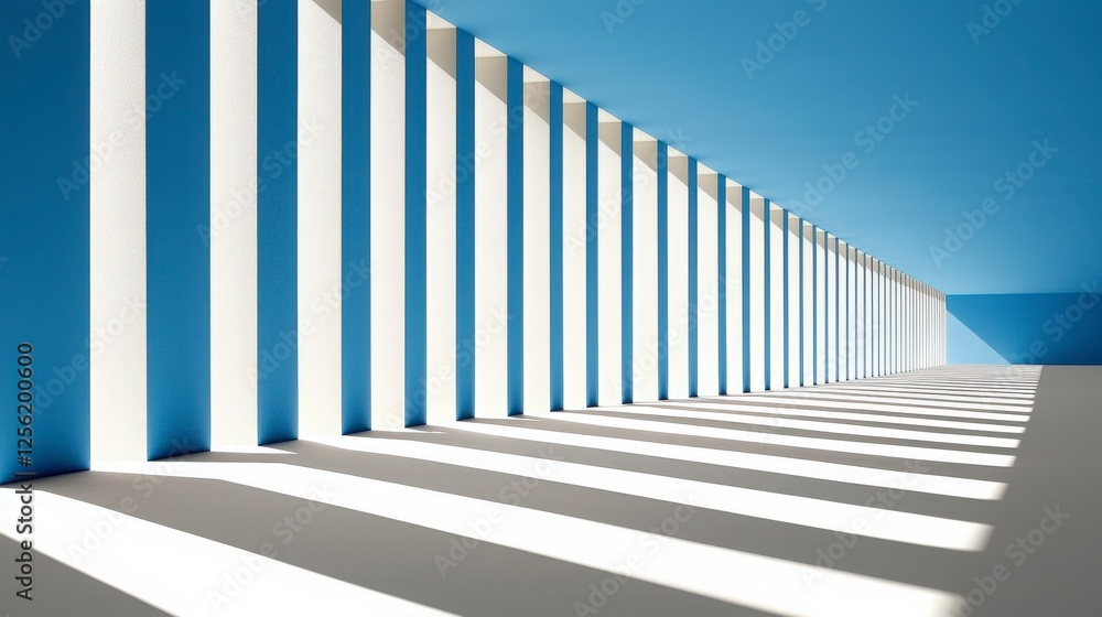 Fototapeta premium Abstract Architectural Corridor with Blue and White Stripes and Shadow Play