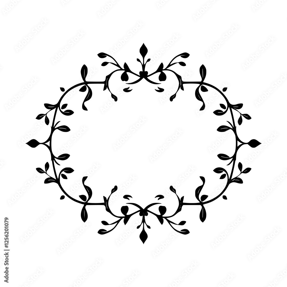 Naklejka premium Elegant oval floral frame in black and white, with symmetrical design, showing detailed leaves and branches.