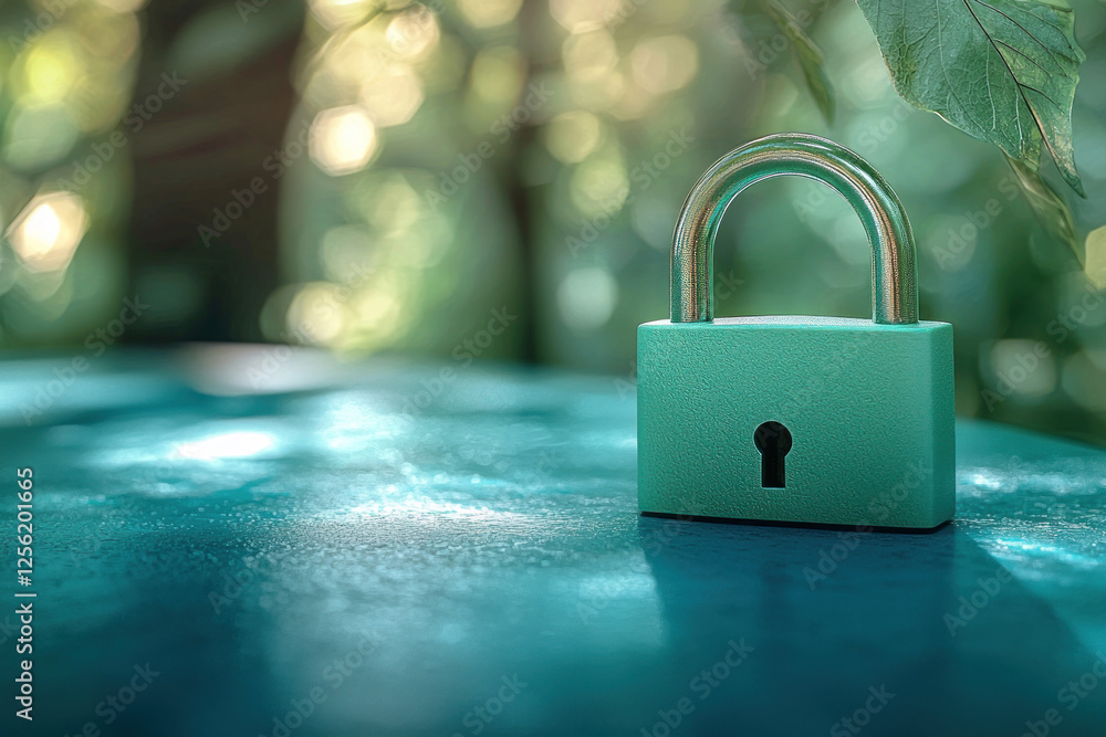 Fototapeta premium Green padlock on blue surface in forest, symbolizing nature security