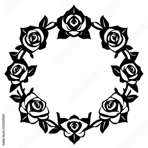 A black and white floral wreath, representing a circular frame design composed of stylized roses, leaves, and minimalist aesthetic.