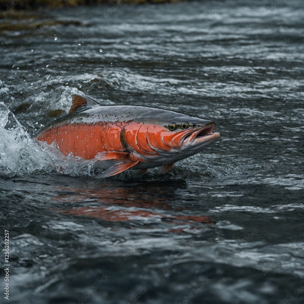 Fototapeta premium fish in a pond Wild Alaska salmon Wild Alaska salmon Starved fishes Salmón saltando en rio camino a desobar Salmon jumping upstream during spawning season, symbolizing resilience.